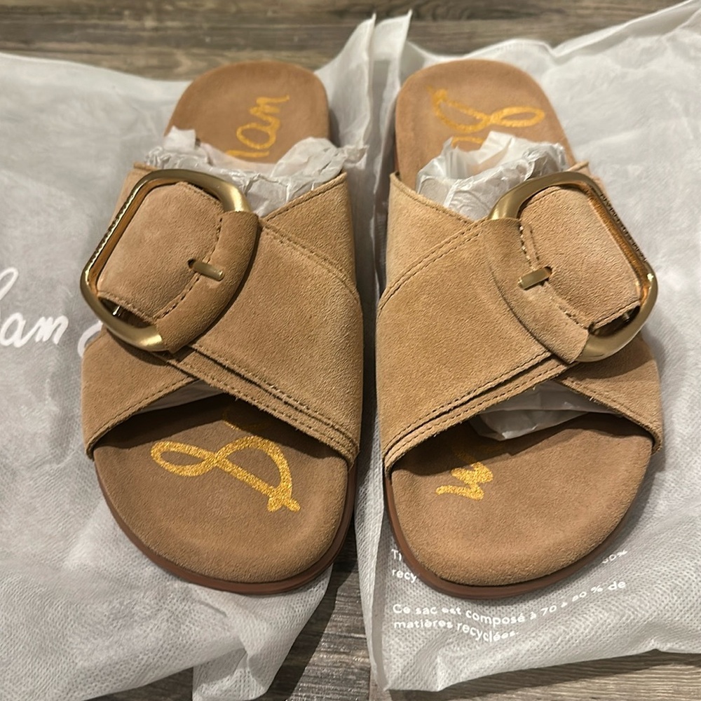 Sam Edelman Tan Buckle Slide Sandals Darla Tan Suede
